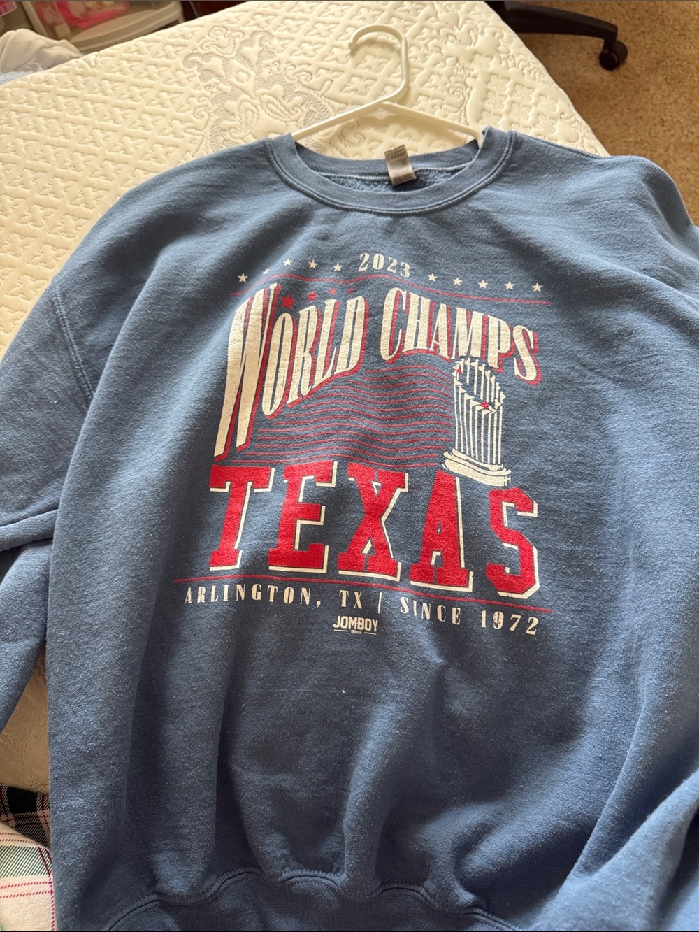 Gildan Blue Crewneck Sweatshirt with Red and Cream Texas Graphic